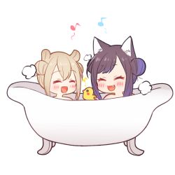  2girls animal_ears azusawa_kohane bathtub bear_ears beru_popooo black_hair closed_eyes commentary_request dog_ears double_bun eighth_note gradient_hair hair_bun multicolored_hair multiple_girls musical_note nude oerba_yun_fang open_mouth project_sekai purple_hair rubber_duck same-sex_bathing shared_bathing shiraishi_an smile soap_bubbles 