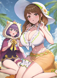  2girls :o abs absurdres adjusting_clothes adjusting_swimsuit beach bernadetta_von_varley bernadetta_von_varley_(summer) bikini blush braid braided_ponytail breast_envy breasts bridal_garter brown_hair cleavage fire_emblem fire_emblem_engage fire_emblem_heroes flower flower_hat frilled_bikini frills front-tie_top goldmary_(fire_emblem) goldmary_(summer)_(fire_emblem) gonzarez grey_eyes hair_between_eyes halterneck hands_up hat highres hood huge_breasts long_hair looking_at_viewer mole mole_on_breast multiple_girls narrowed_eyes navel ocean official_alternate_costume one-piece_swimsuit open_mouth purple_hair sarong sitting skindentation sky strap_pull swept_bangs swimsuit thigh_strap thighs white_bikini white_flower white_hat 