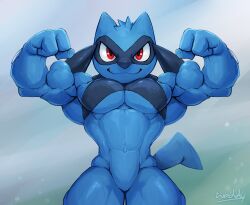  abs absurd_res alternate_version_at_source anthro biceps blue_body flexing flexing_bicep generation_4_pokemon hair hi_res male muscular muscular_male navel nintendo pecs pokemon pokemon_(species) red_eyes riolu smile solo tail waddledox 