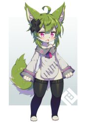  ahoge animal_ear_fluff animal_ears animal_nose black_thighhighs blunt_bangs border collarbone double-parted_bangs female fewer_digits fox_ears fox_girl fox_tail full_body furry furry_female green_hair grey_background hair_ornament jacket looking_at_viewer oerba_yun_fang off-shoulder_jacket off_shoulder open_mouth original outside_border pelvic_curtain pink_eyes short_hair side_slit skin_fang sleeves_past_wrists solo standing tail thighhighs tsuji white_border white_jacket x_hair_ornament 