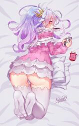  artist_name ass bed_sheet blue_gemstone blue_hair blush box commentary cosplay dakimakura_(medium) dress eating english_commentary english_text feet_up female food from_above from_behind gem gradient_hair handheld_game_console highres holding holding_handheld_game_console horns kanna_kamui kanna_kamui_(cosplay) kobayashi-san_chi_no_maidragon long_hair long_sleeves looking_at_viewer looking_back lying mouth_hold multicolored_hair no_game_no_life on_stomach panties pillow pink_dress playing_games pocky ponytail puffy_long_sleeves puffy_sleeves purple_hair red_eyes shiro_(no_game_no_life) short_dress sidelocks signature solo spindle_(aidenr0) thighhighs two-tone_hair underwear white_horns white_panties white_thighhighs yellow_crown 