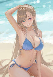  absurdres alternate_costume armpits asuna_(blue_archive) asymmetrical_bangs beach bikini blue_archive blue_bikini blue_eyes blush breasts brown_hair cleavage collarbone female hair_over_one_eye hand_on_own_head highres large_breasts long_hair looking_at_viewer mole mole_on_breast navel o-ring o-ring_top ocean outdoors parted_bangs side-tie_bikini_bottom smile solo swimsuit thighs water yj_(yojo_san) 