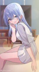  absurdres artist_name bare_legs blue_hair blurry blurry_background blush breasts commentary_request dark_hound_3 feet_out_of_frame female grey_shirt highres idolmaster idolmaster_shiny_colors indoors long_hair looking_at_viewer looking_to_the_side medium_breasts pleated_skirt purple_eyes shirt sitting skirt smile solo straight_hair suzuki_hana sweater_vest television very_long_hair white_skirt white_sweater_vest 