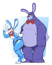  2023 3_toes 4_fingers abstract_background animatronic anthro belly big_belly biped blue_body bodily_fluids bonnie_(fnaf) boot_(artist) bow_tie digital_media_(artwork) duo feet femboy fingers five_nights_at_freddy&#039;s five_nights_at_freddy&#039;s_2 gesture glistening glistening_body green_eyes half-closed_eyes hand_gesture heart_symbol lagomorph leporid long_ears machine male mammal narrowed_eyes nude one_eye_closed open_mouth open_smile overweight overweight_anthro overweight_male purple_body rabbit red_cheeks red_eyes robot scottgames short_tail simple_background size_difference smile spiral star_symbol sweat tail toes toy_bonnie_(fnaf) v_sign white_body wink 