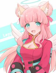  :d angel_wings animal_ears blue_eyes blunt_bangs breasts cat_ears character_name cleavage cleavage_cutout clothing_cutout collared_jacket double_bun female hair_bun halo jacket leppanyo_(show_by_rock!!) long_hair looking_at_viewer mel6969 open_mouth pink_hair pink_jacket show_by_rock!! smile solo two-tone_background upper_body white_wings wings 