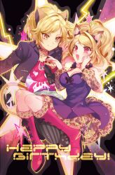  2girls :d animal_ears animal_print black_background black_choker black_jacket black_nails blonde_hair boots breasts choker citti_(show_by_rock!!) cleavage detached_sleeves dress eye_contact frilled_dress frills from_side full_body fur-trimmed_boots fur_trim hand_on_own_cheek hand_on_own_face happy_birthday holding_hands jacket jewelry knee_boots knees_together_feet_apart laina_(show_by_rock!!) leopard_ears leopard_print lion_ears lion_girl lion_tail looking_at_another momoshiki_tsubaki multiple_girls open_mouth pendant pink_eyes pink_footwear pink_nails purple_dress shirt short_hair show_by_rock!! smile tail tiara yellow_eyes yuri 