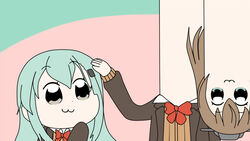  2girls :3 bkub_(style) brown_hair check_commentary commentary_request derivative_work green_hair grey_eyes hair_ornament hairclip headpat kantai_collection kumano_(kancolle) long_hair long_neck multiple_girls ouno_(nounai_disintegration) parody ponytail poptepipic remodel_(kantai_collection) school_uniform screenshot_redraw simple_background stretched_neck style_parody suzuya_(kancolle) undertale 