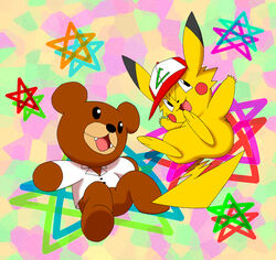  2013 abstract_background ashchu bear clothing cute_fangs doctor_leonardo duo eagle_talon generation_1_pokemon hat headgear headwear male mammal nintendo pasaran pikachu pokemon pokemon_(species) shirt topwear 