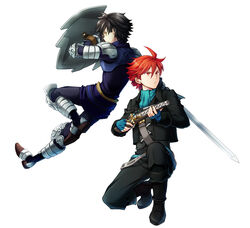  2boys ahoge back black_hair boots commentary_request fighter_(grand_kingdom) fingerless_gloves gloves grand_kingdom gun gunner_(grand_kingdom) jacket male_focus multiple_boys no_s red_eyes red_hair shield simple_background sword weapon white_background yellow_eyes 