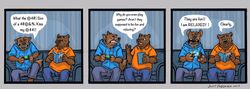  2017 angry anthro barefoot bear black_nose book bottomwear canid canine canis clothing controller denim denim_bottomwear denim_clothing dialogue domestic_dog duncan_(k-9) duo english_text feet furniture game_controller gaming german_shepherd grawlixes herding_dog hi_res hoodie humor jeans k-9 male mammal orange_clothing orange_shirt orange_topwear pants pastoral_dog playing_video_game polo_shirt profanity reading shirt simple_background sitting snarling sofa speech_bubble teeth text topwear 