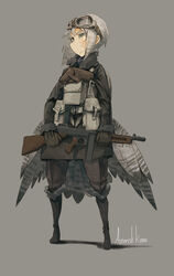  asterisk_kome bomber_jacket commentary_request female frances_royce full_body gloves goggles goggles_on_head grey_hair gun holding holding_gun holding_weapon holster jacket military military_uniform photoshop_(medium) scar short_hair sidelocks simple_background solo submachine_gun thompson_submachine_gun uniform weapon winged_fusiliers wings 