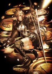  absurdres armor black_gloves brown_eyes brown_hair clock commentary_request feline female gears gloves hat high_heels highres long_hair looking_at_viewer lying on_side original petals ricci skirt smile solo sword thighhighs very_long_hair weapon zettai_ryouiki 