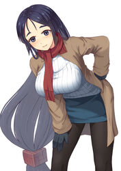  alternate_costume black_eyes black_gloves black_hair black_pantyhose blue_skirt breasts brown_coat casual chinese_commentary closed_mouth coat commentary_request fate/grand_order fate_(series) female forehead fringe_trim gloves hand_on_own_hip hand_on_own_thigh hanging_breasts highres large_breasts leaning_forward legs_apart long_hair long_sleeves looking_at_viewer low-tied_long_hair minamoto_no_raikou_(fate) open_clothes open_coat pantyhose parted_bangs photoshop_(medium) red_scarf scarf simple_background skirt smile solo srwsrx_(gp03dsrx) standing sweater very_long_hair white_background white_sweater 