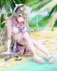  absurdres anklet barefoot beach bikini breasts cleavage commentary_request corrin_(female)_(fire_emblem) corrin_(female)_(summer)_(fire_emblem) corrin_(fire_emblem) day female fire_emblem fire_emblem_fates fire_emblem_heroes flower flower_necklace grey_hair hairband highres ikastak jewelry long_hair medium_breasts necklace ocean official_alternate_costume outdoors palm_tree partially_submerged pointy_ears red_eyes sand sitting solo swimsuit tree white_bikini 