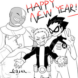  2015 3boys bald beast_boy_(dc) belt blush bodysuit cape closed_eyes cyborg cyborg_(dc) dark_skin dc_comics dick_grayson domino_mask garfield_logan gloves mask monochrome multiple_boys new_year oerba_yun_fang open_mouth pointy_ears robin_(dc) short_sleeves smile teen_titans trio v victor_stone 