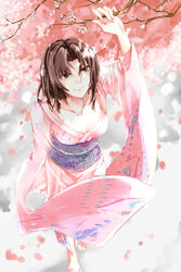  breasts brown_eyes brown_hair cherry_blossoms cleavage commentary_request female highres japanese_clothes kara_no_kyoukai kimono medium_breasts obi open_clothes open_kimono ryougi_shiki sandals sash short_hair smile solo wide_sleeves wingforpx 