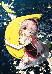  ;d arm_up banana breasts cleavage commentary_request dress elbow_gloves female flying food fruit full_body garter_straps gloves headphones holding holding_food holding_fruit index_finger_raised long_hair looking_at_viewer medium_breasts night nitroplus one_eye_closed open_mouth outdoors pink_hair pink_ribbon red_eyes ribbon smile solo strapless strapless_dress suemizu_yuzuki super_sonico thighhighs white_gloves white_thighhighs 