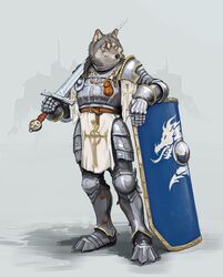  anthro armor belt black_nose body_armor canid canine canis cheek_tuft clothed clothing crusader digital_media_(artwork) digital_painting_(artwork) facial_tuft full-length_portrait hi_res holding_melee_weapon holding_object holding_sword holding_weapon hotchkiss hotchkisstank knight knight_armor male mammal medieval melee_weapon portrait scar shield solo standing sword tuft warrior weapon wolf yellow_eyes 