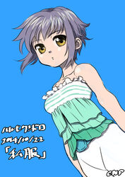  brown_eyes casual chuunenpi commentary_request dated dutch_angle female frilled_shirt frills nagato_yuki purple_hair shirt short_hair solo strapless suzumiya_haruhi_no_yuuutsu translated tube_top 