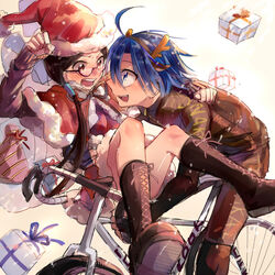  1boy akizuki_buranko antlers bad_id bad_pixiv_id bicycle black_hair blue_hair blush christmas female gift glasses hat horns long_hair low_twintails manami_sangaku miyahara_(yowamushi_pedal) reindeer_antlers riding santa_costume santa_hat short_hair twintails yowamushi_pedal 