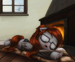  2018 book closed_eyes clothed clothed_feral clothing darkstylerz detailed_background digital_media_(artwork) equid equine eyewear fan_character female feral fireplace fur glasses grey_body grey_fur hair hasbro inside long_hair lying mammal my_little_pony mythological_creature mythological_equine mythology open_mouth pegasus red_hair sleeping solo wings winter 