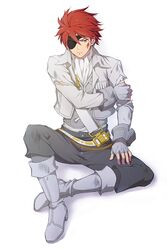  1boy belt boots commentary_request eyepatch fingerless_gloves gloves grand_kingdom gunner_(grand_kingdom) injury jacket male_focus no_s red_eyes red_hair simple_background sitting solo white_background 