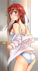  ahoge arched_back ass back bangs blush bra breasts brown_hair changing_room cowboy_shot eyebrows_visible_through_hair female gamyuu_(gamyu) hair_between_eyes leaning_forward legs long_hair looking_at_viewer looking_back medium_breasts off_shoulder open_mouth original panties purple_eyes shirt_removed sideboob solo surprised sweat thighs underwear undressing wavy_mouth white_bra white_panties 