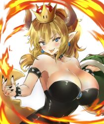  armlet armpits bad_id bad_pixiv_id bare_shoulders black_collar black_leotard black_nails blonde_hair blue_eyes blue_gemstone blush bowsette bracelet breasts brooch brown_horns cleavage collar collarbone crown dress earrings female fingernails fire gem hands_up holding horns jewelry large_breasts leotard long_hair looking_at_viewer mario_(series) melings_(aot2846) nail_polish narrow_waist new_super_mario_bros._u_deluxe oerba_yun_fang pointy_ears ponytail princess pyrokinesis sharp_fingernails shell shell_removed sidelocks skindentation solid_oval_eyes solo spiked_armlet spiked_bracelet spiked_collar spiked_shell spiked_tail spikes strapless strapless_leotard super_crown tail teeth tongue tongue_out tsurime turtle_shell upper_teeth_only v-shaped_eyebrows white_background 