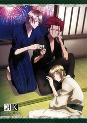  3boys absurdres alcohol angry black_eyes blonde_hair bottle brown_hair choko_(cup) cup earrings highres japanese_clothes jewelry k-project kimono kusanagi_izumo lap_pillow male_focus multiple_boys night photoshop_(medium) red_eyes red_hair sake scan short_hair sky suoh_mikoto tokkuri totsuka_tatara 