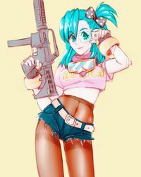  blue_eyes blue_hair bulma_briefs bulma_briefs dragon_ball female googles gun hips hot_pants legs pantyhose polylina_(artist) thighband_pantyhose 