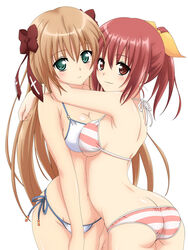  2girls artist_request ass bikini bow breast_press breasts butt_crack cowboy_shot expressionless green_eyes hairbow halterneck highres hug imageboard_desourced light_brown_hair light_smile long_hair mayoi_neko_overrun! multiple_girls naruko_kanae non-web_source ponytail red_eyes red_hair serizawa_fumino side-tie_bikini_bottom simple_background striped_bikini striped_clothes swimsuit symmetrical_docking white_background white_bikini 