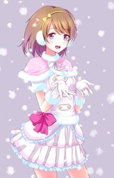  bow brown_hair commentary_request female gloves hairband koizumi_hanayo looking_at_viewer love_live! love_live!_school_idol_project open_mouth pink_eyes short_hair simple_background skirt smile snow snow_halation snowflakes solo white_gloves yuki_(sangeki5806) 