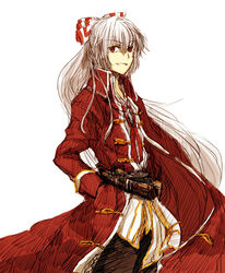  1boy alternate_costume bad_id bad_pixiv_id belt coat fujiwara_no_mokou genderswap_(ftm) hair_ribbon hand_in_pocket long_hair male_focus ponytail red_eyes rhapsode ribbon rule_63 solo touhou very_long_hair white_background 