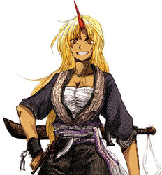  alternate_costume bad_id bad_pixiv_id blonde_hair breasts cleavage dark-skinned_female dark_skin female grin horns hoshiguma_yuugi long_hair medium_breasts orange_eyes rhapsode sarashi sheath sheathed single_horn smile solo sword tan touhou weapon 