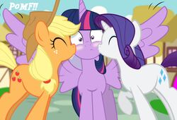  2018 alicorn applejack_(mlp) blonde_hair blush closed_eyes clothing cowboy_hat cutie_mark earth_pony equid equine female female/female feral friendship_is_magic group group_kissing hair hasbro hat headgear headwear hi_res horn horse kissing kissing_cheek mammal multicolored_hair my_little_pony mythological_creature mythological_equine mythology on_model orange_body outside pony purple_body purple_eyes purple_hair rarity_(mlp) sky spread_wings succubi_samus text twilight_sparkle_(mlp) unicorn wings 