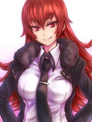  breasts commentary_request female fur_trim hoshigami_zena inaba-no-kuni-tottori kure-nai long_hair looking_at_viewer medium_breasts necktie red_eyes red_hair simple_background smile solo white_background 