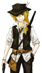  1boy alternate_costume alternate_headwear bad_id bad_pixiv_id blonde_hair cowboy cowboy_shot cowboy_western genderswap_(ftm) gun handgun hat hat_over_one_eye kirisame_marisa male_focus one_eye_covered rhapsode rule_63 sleeves_rolled_up solo touhou vest weapon 