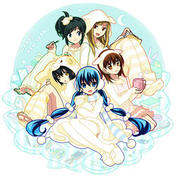  5girls :d :o alarm_clock alternate_hairstyle animal_costume animal_ears animal_hood aosa_(michikusakan) barefoot black_hair blonde_hair blue_eyes blue_hair brown_eyes brown_hair brush candy cellphone clock commentary_request crescent_moon cup earmuffs envelope food frills fur_trim hair_bobbles hair_ornament happy_new_year hood horns ienaga_kana jar jewelry keikain_yura leg_warmers letter long_hair looking_at_viewer maki_saori_(nurarihyon_no_mago) marshmallow mirror moon mug multiple_girls nail_polish new_year nightgown nurarihyon_no_mago open_mouth pajamas paper phone pillow scarf sheep_costume sheep_ears sheep_horns short_hair side_ponytail sleepover slippers smartphone smile socks star_(symbol) striped stuffed_animal stuffed_sheep stuffed_toy thighhighs torii_natsumi tweezers twintails vertical_stripes yellow_eyes yuki_onna_(nurarihyon_no_mago) 