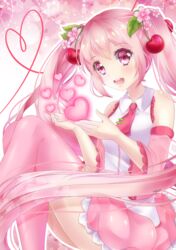  :d commentary_request detached_sleeves female hair_fruit hatsune_miku heart highres jianaiko long_hair open_mouth pink_eyes pink_hair pink_skirt pink_thighhighs red_ribbon ribbon sakura_miku shirt skirt sleeveless sleeveless_shirt smile solo thighhighs twintails vocaloid white_shirt zettai_ryouiki 