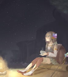  armband atelier_(series) atelier_firis backpack bad_id bad_pixiv_id bag blush boots braid brown_hair campfire circlet collarbone commentary_request crystal cup detached_sleeves female firis_mistlud frilled_shirt frills green_eyes hair_over_shoulder holding holding_cup hood hood_down log long_sleeves looking_afar night night_sky ojiki pleated_skirt puffy_long_sleeves puffy_sleeves shirt shorts shorts_under_skirt single_braid sitting sitting_on_object skirt sky sleeveless smoke solo staff star_(sky) starry_sky steam 