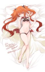  bare_shoulders barefoot breasts fate/grand_order fate_(series) female hair_ornament long_hair lying midriff mound_of_venus navel open_mouth panties red_eyes red_hair sita_(fate/grand_order) twintails underboob 