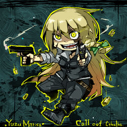  blonde_hair call_of_cthulhu commentary_request crazy_smile dual_wielding female gun holding kirisame_marisa long_hair rou_honoo scar sleeves_rolled_up smile touhou weapon yukkuri-tachi_no_cthulhu_no_yobikoe 