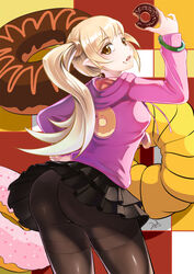  aged_up ass bandaid bandaid_on_pussy black_pantyhose black_skirt blonde_hair commentary_request doughnut female food food_on_face frilled_skirt frills long_hair looking_at_viewer looking_back monogatari_(series) nisemonogatari no_panties oshino_shinobu pantyhose photoshop_(medium) side_ponytail skirt solo tsuki_(s1ber) yellow_eyes 