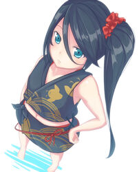  aqua_eyes bad_id bad_pixiv_id barefoot black_hair dararito female from_above hand_on_own_hip hataraku_maou-sama! japanese_clothes kamazuki_suzuno kimono long_hair side_ponytail skirt sleeveless sleeveless_kimono solo 