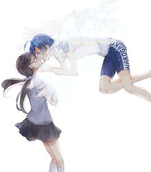  1boy black_hair blue_hair commentary_request cycling_uniform female floating glasses highres imminent_kiss long_hair low_twintails manami_sangaku miyahara_(yowamushi_pedal) short_hair transparent_wings twintails yowamushi_pedal yuri_(pooh020202) 