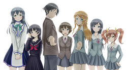  1boy 6+girls :d aragaki_ayase blazer commentary_request gokou_ruri jacket kousaka_kirino kousaka_kyousuke kurusu_kanako light_smile makishima_saori multiple_girls no_eyewear open_mouth ore_no_imouto_ga_konna_ni_kawaii_wake_ga_nai pleated_skirt roaru_(gyuren) school_uniform serafuku skirt smile tamura_manami 