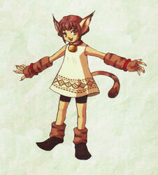  anthro bangs bell bell_collar boots brown_clothing brown_eyes brown_gloves brown_hair brown_handwear brown_tail clawed_fingers clothing collar colored dark_cloud domestic_cat dress felid feline felis female footwear gloves hair handwear level-5 looking_at_viewer mammal official_art red_hair solo standing tail tan_body tan_skin unknown_artist xiao_(dark_cloud) yellow_eyes young 