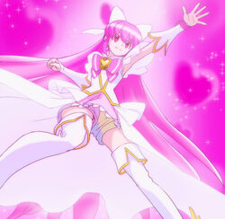  absurdly_long_hair aino_megumi armpits boots bow brooch clenched_hand cure_lovely detached_sleeves dress female fighting_stance forever_lovely hairbow happinesscharge_precure! haruyama_kazunori heart heart_brooch jewelry light_smile long_hair magical_girl outstretched_arms outstretched_hand panties pantyshot pink_background pink_bow pink_eyes pink_hair pink_panties pink_theme precure short_shorts shorts shorts_under_dress sidelocks smile solo sparkle spread_legs standing thigh_boots thighhighs underwear upshorts upskirt very_long_hair white_footwear white_thighhighs 