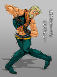  1boy bad_id bad_pixiv_id beard blue_eyes collective-mind commentary_request crop_top derivative_work facial_hair gloves jojo_no_kimyou_na_bouken joseph_joestar joseph_joestar_(old) joseph_joestar_(young) leggings male_focus midriff official_style old parody photoshop_(medium) scarf solo standing translation_request white_hair 