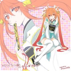  blush cosplay fate/grand_order fate_(series) female hair_ornament japanese_clothes kimono kiyohime_(fate/grand_order) long_hair open_mouth red_eyes red_hair sandals sita_(fate/grand_order) thighhighs twintails 